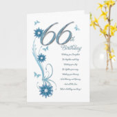 花および蝶を持つティール(緑がかった色)の第66誕生日 カード (黄色い花)