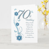 花および蝶を持つティール(緑がかった色)の第70誕生日 カード (黄色い花)