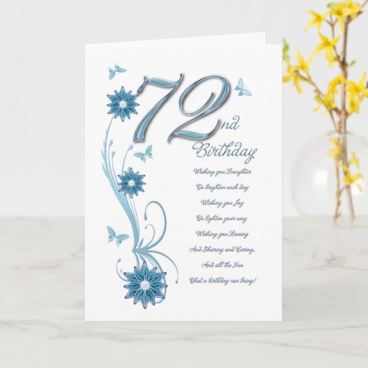 花および蝶を持つティール（緑がかった色）の第72誕生日 カード (黄色い花)