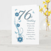 花および蝶を持つティール（緑がかった色）の第76誕生日 カード (黄色い花)