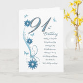 花および蝶を持つティール(緑がかった色)の第91誕生日 カード (黄色い花)