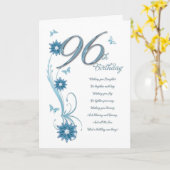 花および蝶を持つティール（緑がかった色）の第96誕生日 カード (黄色い花)