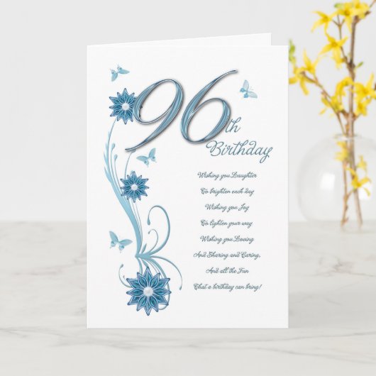 花および蝶を持つティール（緑がかった色）の第96誕生日 カード (黄色い花)