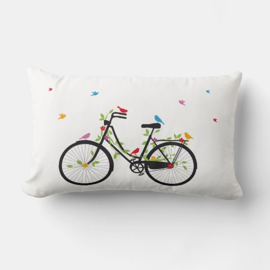 花および鳥が付いている古いヴィンテージの自転車 ランバークッション (正面)