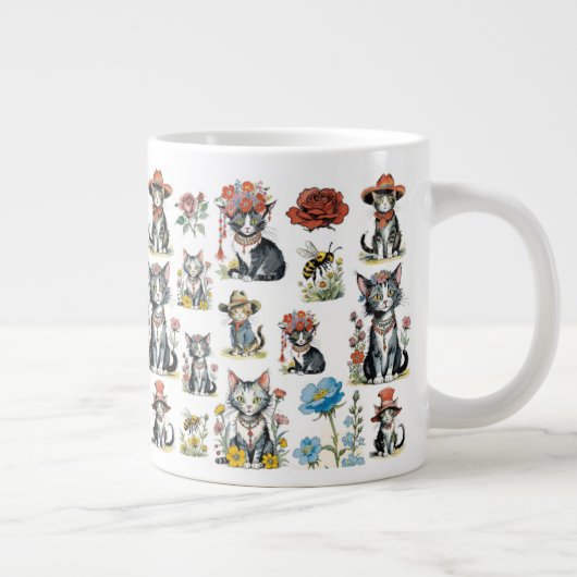 花お洒落とハチの帽子をかぶった猫 ジャンボコーヒーマグカップ (右)