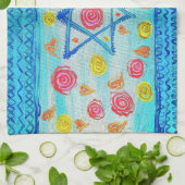 花お洒落とハートのあるイスラエル国旗 キッチンタオル (折り畳み)