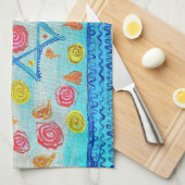 花お洒落とハートのあるイスラエル国旗 キッチンタオル (四つ折り)