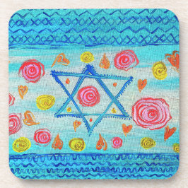 花お洒落とハートのあるイスラエル国旗 コースター