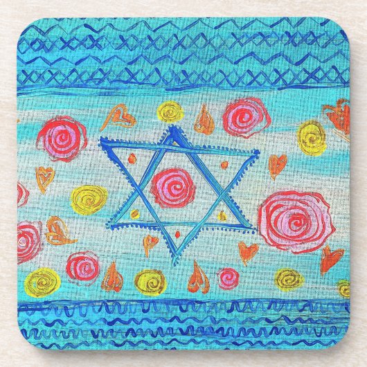 花お洒落とハートのあるイスラエル国旗 コースター (正面)