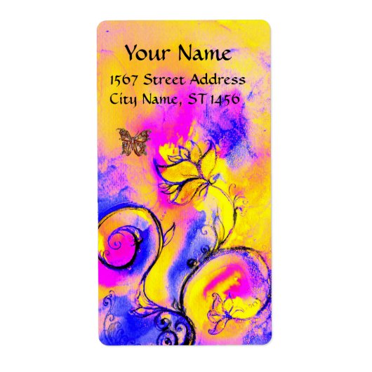 花お洒落と蝶の青ピンク黄色 ラベル (正面)