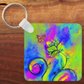 花お洒落と蝶の青緑色の黄色 キーホルダー (正面)