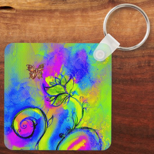 花お洒落と蝶の青緑色の黄色 キーホルダー (裏面)