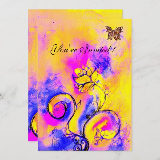 花お洒落と蝶パープルイエローピンク 招待状 (正面/裏面)