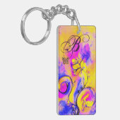 花お洒落と蝶ピンク黄色の青 キーホルダー (正面左)