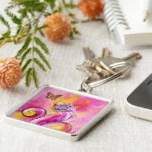 花お洒落と蝶ピンク黄色の青 キーホルダー (側面)