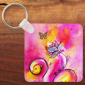 花お洒落と蝶ピンク黄色の青 キーホルダー (正面)