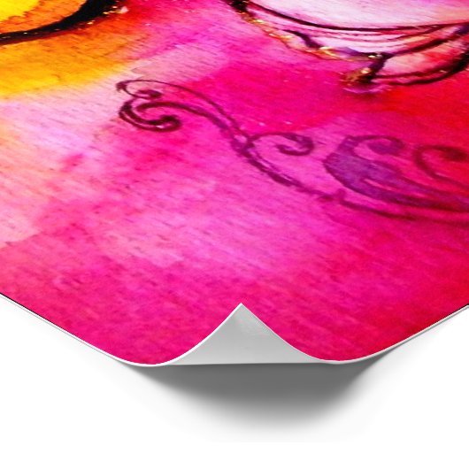 花お洒落と蝶ピンク黄色の青 ポスター (角)