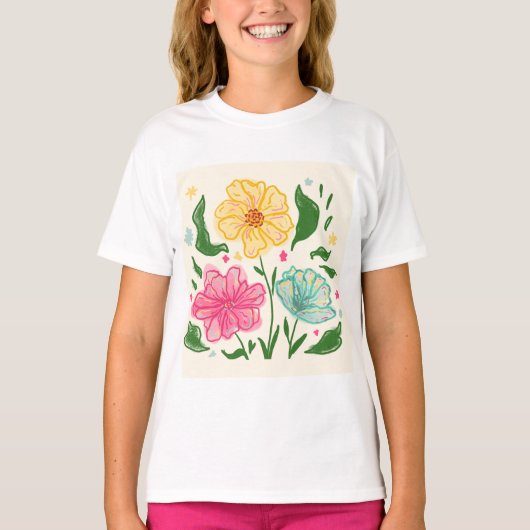 花お洒落のイラストレーション – 手描き Tシャツ (正面)