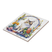 花お洒落の窓の中の甘い猫 タイル (側面)