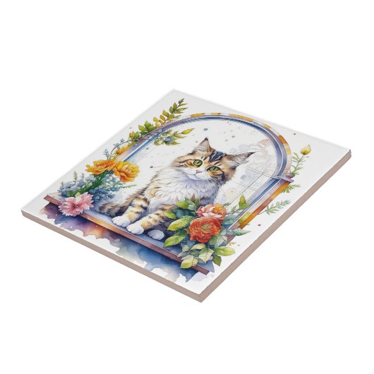 花お洒落の窓の中の甘い猫 タイル (側面)