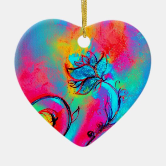 花お洒落ピンク黄紫、ティール(緑がかった色)青 セラミックオーナメント (正面)