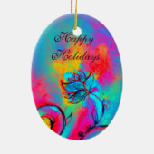 花お洒落ピンク黄紫、ティール(緑がかった色)青 セラミックオーナメント (裏面)