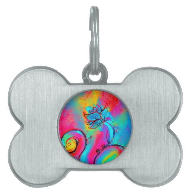 花お洒落ピンク黄色ティール（緑がかった色）青 ペットネームタグ (正面)