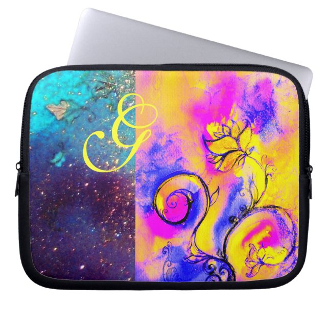 花お洒落モノグラムピンクイエローブルー ラップトップスリーブ (正面)