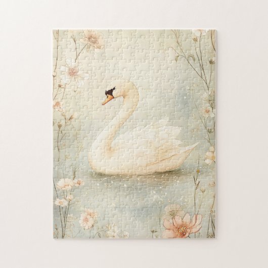 花お洒落付き白鳥イラストレーション ジグソーパズル (縦)