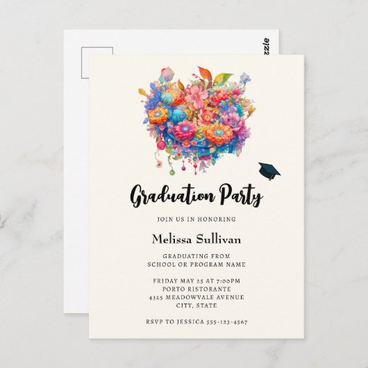花お洒落花束卒業招待状 ポストカード (正面/裏面)