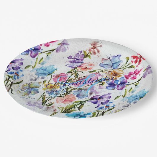 花お洒落蝶モノグラムパーティー ペーパープレート (アングル)