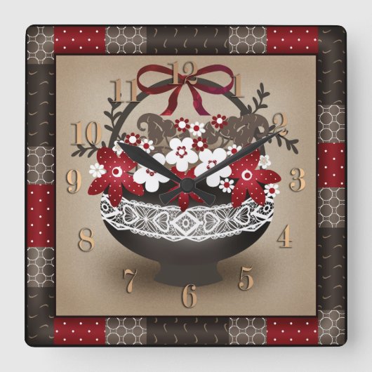 花かごレース枠デザインフローラヴィンテージre スクエア壁時計 (正面)