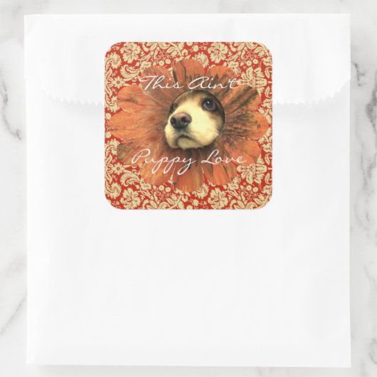 花から覗く子犬の愛のステッカー スクエアシール (バッグ)