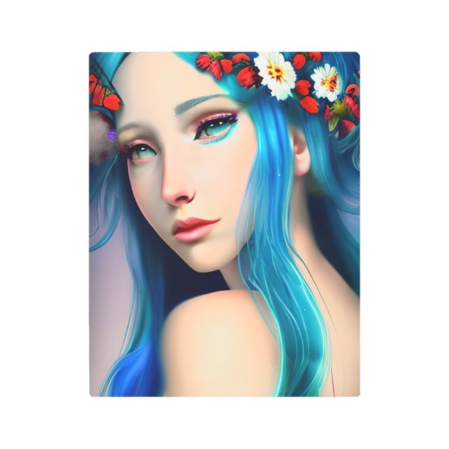 花かわいらしで魅了された少女 | Fairy Tale メタルプリント (正面)