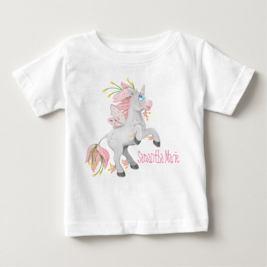 花かわいらしの妖精のユニコーンと蘭 ベビーTシャツ (正面)