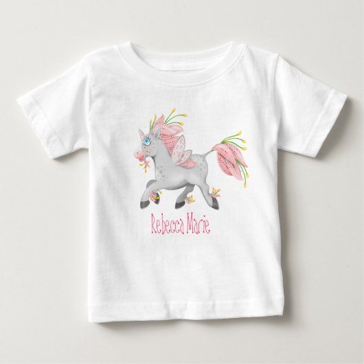 花かわいらしの妖精のユニコーンと蘭 ベビーTシャツ (正面)