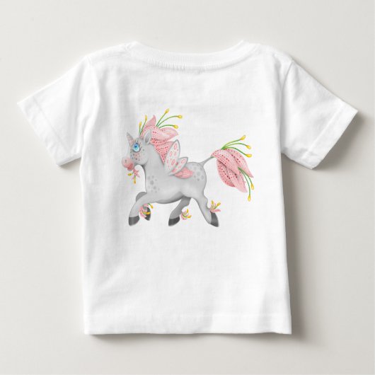 花かわいらしの妖精のユニコーンと蘭 ベビーTシャツ (裏面)
