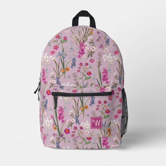 花かわいらしカラフル模様ライトパープル プリントバックパック (正面)