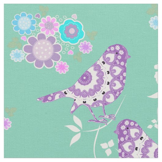 花かわいらしハートとパターン(の模様が)ある鳥 ファブリック (クローズアップ)