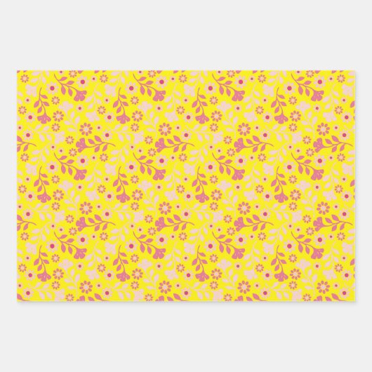 花かわいらしモダンとつる植物トリオ ラッピングペーパーシート (正面3)