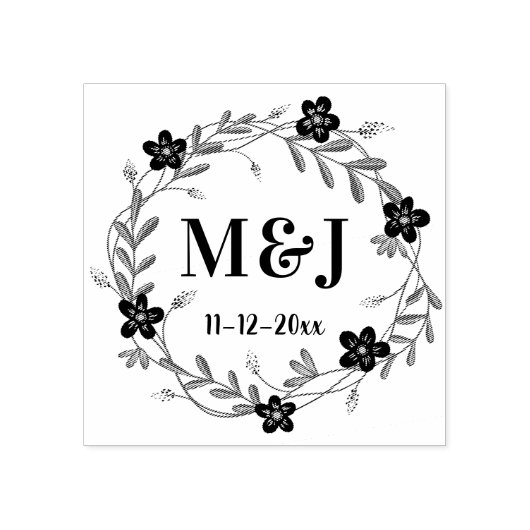 花かわいらしモノグラムと日付カスタムウェディング ラバースタンプ (インプリント)