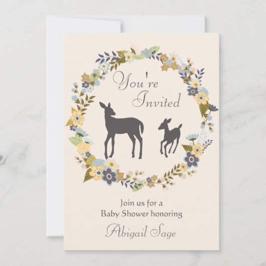 花かわいらしリースと鹿ベビーシャワー招待状 招待状 (正面)