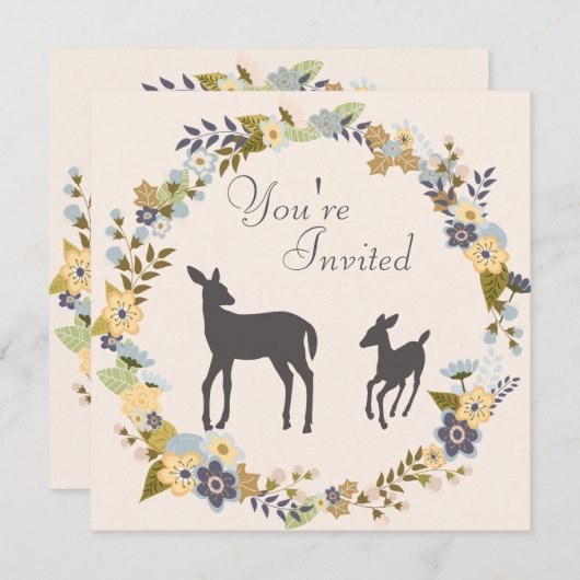 花かわいらしリース鹿ベビーシャワー招待状 招待状 (正面/裏面)