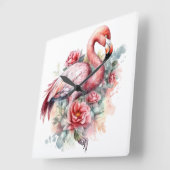 花かわいらし付き水色ピンクのフラミンゴ スクエア壁時計 (傾斜)