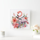 花かわいらし付き水色ピンクのフラミンゴ スクエア壁時計 (ホーム)