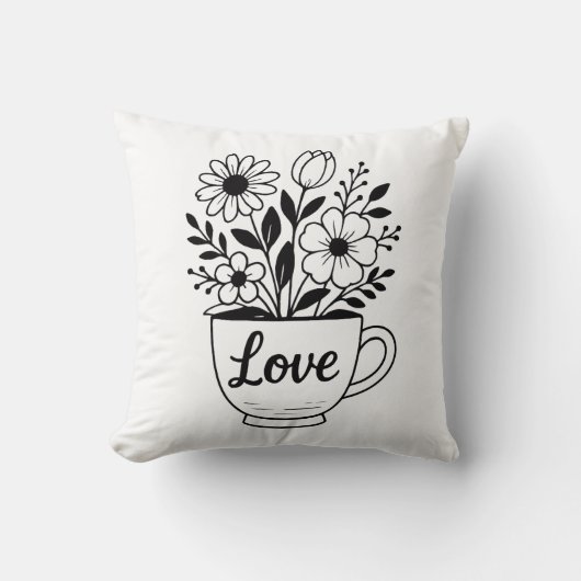 花かわいらし付き紅茶カップデザイン クッション (正面)
