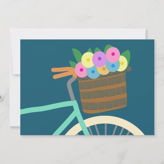 花かわいらし付き造幣及びティール(緑がかった色)自転車かご 招待状 (裏面)