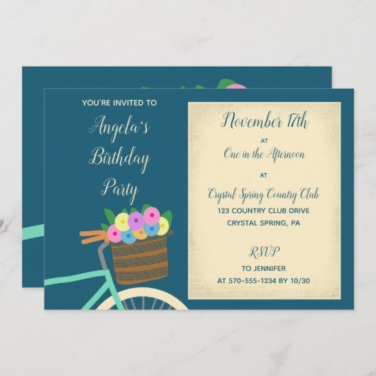 花かわいらし付き造幣及びティール（緑がかった色）自転車かご 招待状 (正面/裏面)