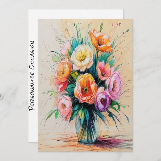 花かわいらし花花束アートカラーペンシルスケッチ シーズンカード (正面/裏面)