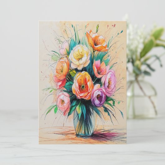 花かわいらし花花束アートカラーペンシルスケッチ シーズンカード (スタンド正面)